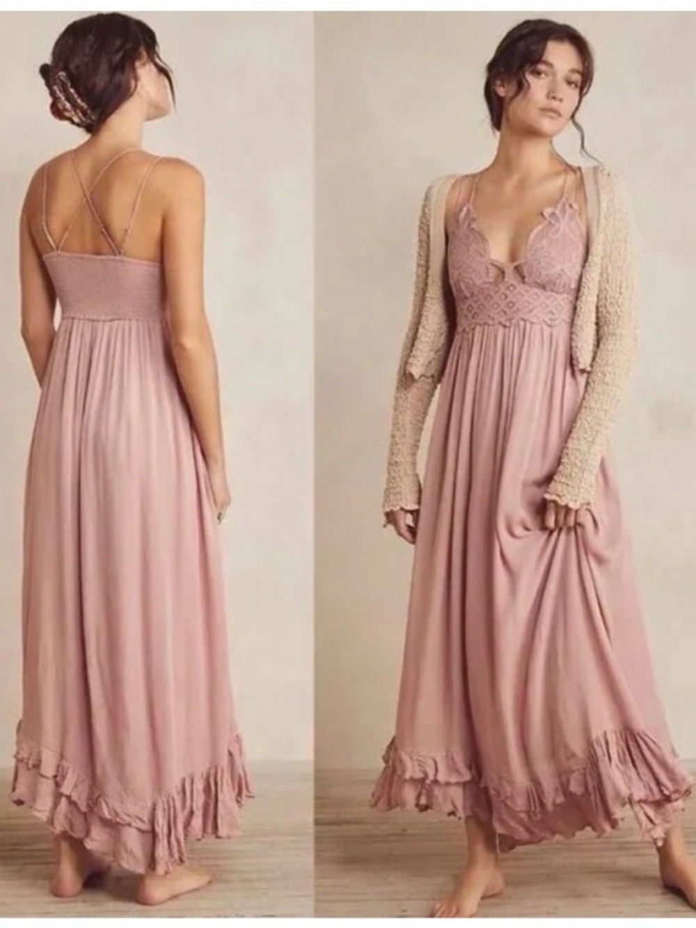 Free People Dusty Rose Lace-Trim Maxi Dress